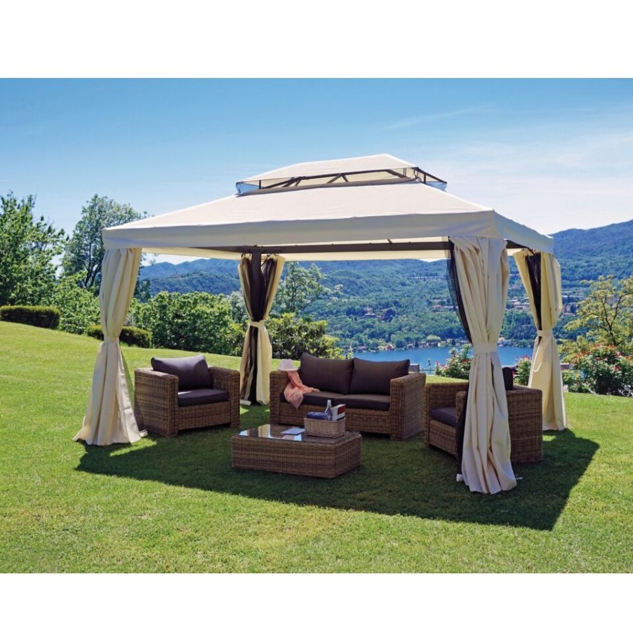 Outdoor Moia | Gazebo Rettangolare In Alluminio Antracite E Tende Ecru'