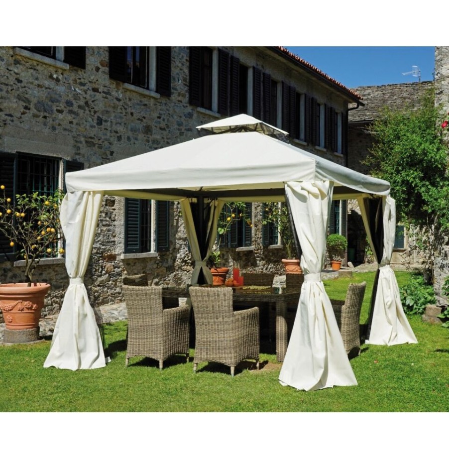 Outdoor Moia | Gazebo Quadrato In Alluminio Antracite E Tende Ecru'